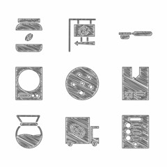 Set Cookie or biscuit, Coffee street truck machine, menu, Bag coffee beans, Pour over maker, Electronic scales, filter holder and jar bottle icon. Vector