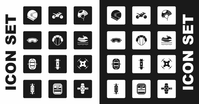 Set Helmet, Parachute, Ski goggles, Jet ski, Motorcycle, Drone flying and Rafting boat icon. Vector