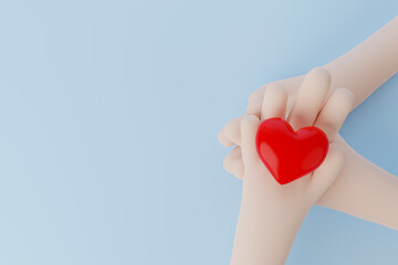 Fototapeta premium Hand holding and protect red heart. Health care insurance. Volunteer charity donation community. 3d illustration