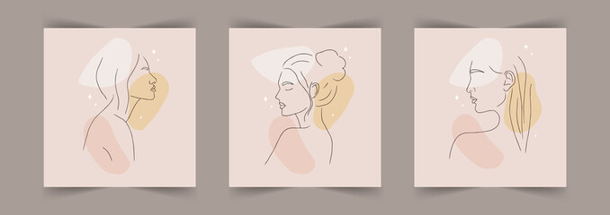 Makeup or hairstyle concept. Abstract woman portrait on beige background with different shapes. Vector illustration in trendy linear style. Set of logos for beauty studio, center or haircut salon.