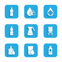 Set Jug glass with water, Glass, Bottle of, Water cooler, Big bottle clean, Defrosting and icon. Vector