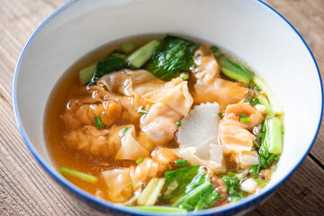 Soup bowl, Shrimp and pork dumpling soup with vegetable Asian food, Wonton soup, Thai and Chinese food