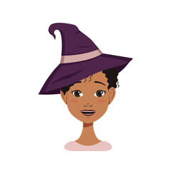 African American woman avatar with black curly hair with emotions of joy and happiness, smile face and wearing a witch hat. Halloween character in costume