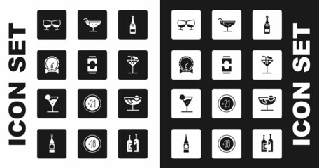 Set Champagne bottle, Beer can, Wooden barrel on rack, Glass of cognac or brandy, Cocktail, and Martini glass icon. Vector