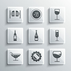 Set Bottle cap, Wine glass, Glass of champagne, Champagne bottle, Cocktail, Beer, Saloon door and icon. Vector
