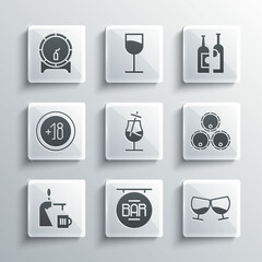 Set Street signboard with Bar, Glass of cognac or brandy, Wooden barrels, Cocktail, Beer tap glass, Alcohol 18 plus, on rack and Bottles wine icon. Vector