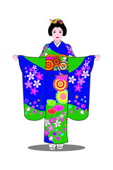 Cute Japanese girl or teen dress in colorful Japan Kimono uniform drawing in cartoon vector