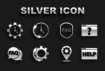 Set Telephone 24 hours support, Browser with question mark, help, Location gear, Speech bubble FAQ, Shield text, Time Management and icon. Vector
