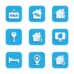 Set House with dollar symbol, Location house, wrong mark, Bed, key, and Hanging sign text Sold icon. Vector