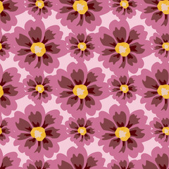 Seamless pattern aster on pink background. Beautiful texture pink yellow flowers in doodle style.