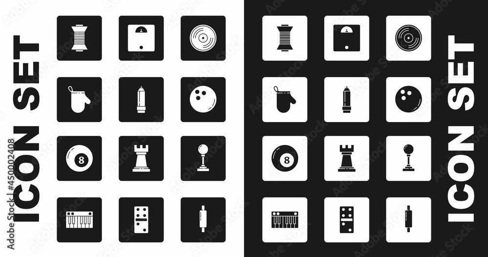 Canvas Prints Set Vinyl disk, Pencil with eraser, Oven glove, Sewing thread on spool, Bowling ball, Bathroom scales, Joystick for arcade machine and Billiard snooker icon. Vector