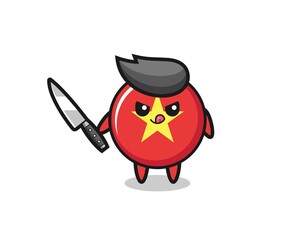 cute vietnam flag badge mascot as a psychopath holding a knife