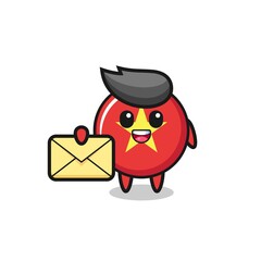 cartoon illustration of vietnam flag badge holding a yellow letter