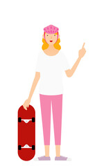 スケートボードを置いて笑顔で指さしをするスケーターの女性