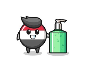 cute yemen flag badge cartoon with hand sanitizer