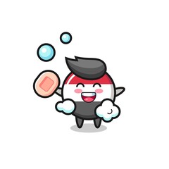 yemen flag badge character is bathing while holding soap