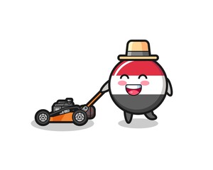 Fototapeta premium illustration of the yemen flag badge character using lawn mower