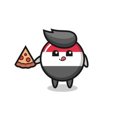 cute yemen flag badge cartoon eating pizza