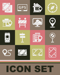 Set Gps device with map, Stop sign, Location, house, Road barrier, store, Folded and icon. Vector