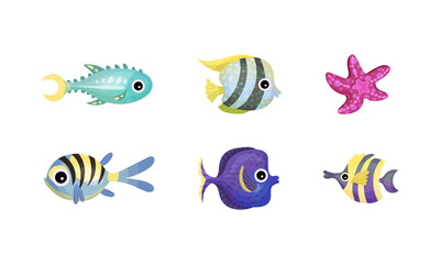 Marine Animals with Striped Fish and Starfish Vector Set
