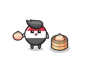 cute yemen flag badge character eating steamed buns