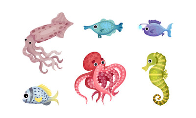 Marine Animals with Squid and Octopus Vector Set