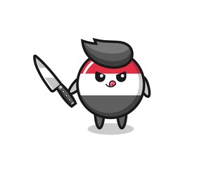 cute yemen flag badge mascot as a psychopath holding a knife