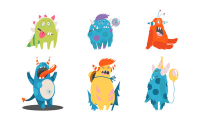 Plakat Comic Monsters with Horns Holding Balloon and Having Fun Vector Set