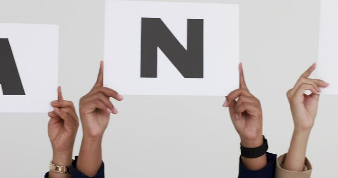 letters, demonstrate, show, hands together, office workers, over head, rise, panning technic shoot, teamwork concept, team, people, unity in diversity, colleagues, group, poster, support, placard, on 
