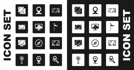Set Gps device with map, Location, City navigation, Folded, marker, and Monitor location icon. Vector