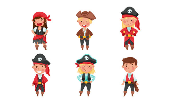Cheerful Boy and Girl in Pirate Costume with Sword Vector Set