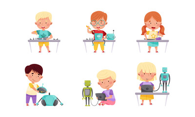 Little Children Engineering and Creating Robots Vector Illustrations Set