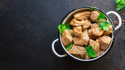 meat ragout roast pork, lamb or turkey stewed food organic products meal snack copy space food background rustic. top view 