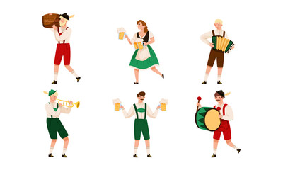 Fototapeta na wymiar People Characters in Traditional Bavarian Costumes Playing Musical Instrument and Carrying Beer Mug Vector Illustration Set