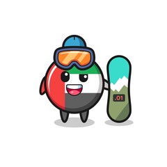 Illustration of uae flag badge character with snowboarding style