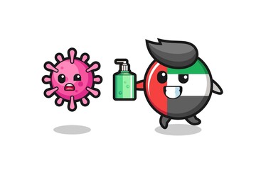 illustration of uae flag badge character chasing evil virus with hand sanitizer