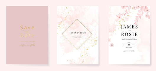 Minimal pink botanical Wedding Invitation, floral invite thank you, rsvp modern card Design in leaf and flower water color texture decorative Vector elegant rustic template - 450004079