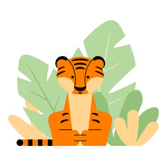 A tiger in nature. Vector flat illustration on an isolated white background. Drawing of a cartoon tiger cub for  printing, clothing, postcards and stickers.