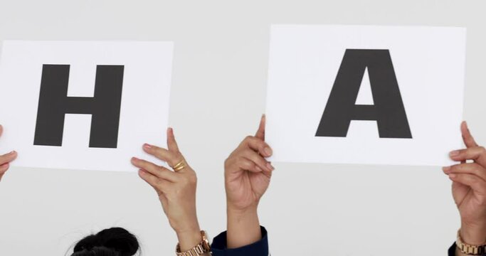 Group of people join together and hold separate thank you letters and rise over heads for sign of appreciate to something or someone on white background, panning technic shoot.