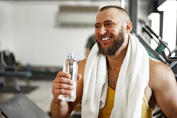 Cheerful smiling man bodybuilder standing in a gym
