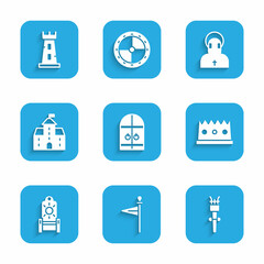 Set Medieval castle gate, flag, Torch flame, King crown, throne, Castle, fortress, Monk and tower icon. Vector