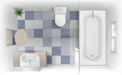 Bathroom with bath, sink and toilet bowl top view
