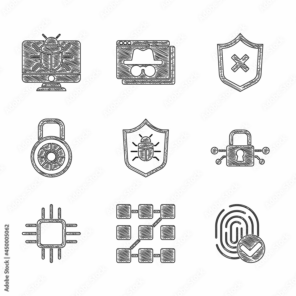 Poster set system bug, graphic password protection, fingerprint, cyber security, processor with microcircui