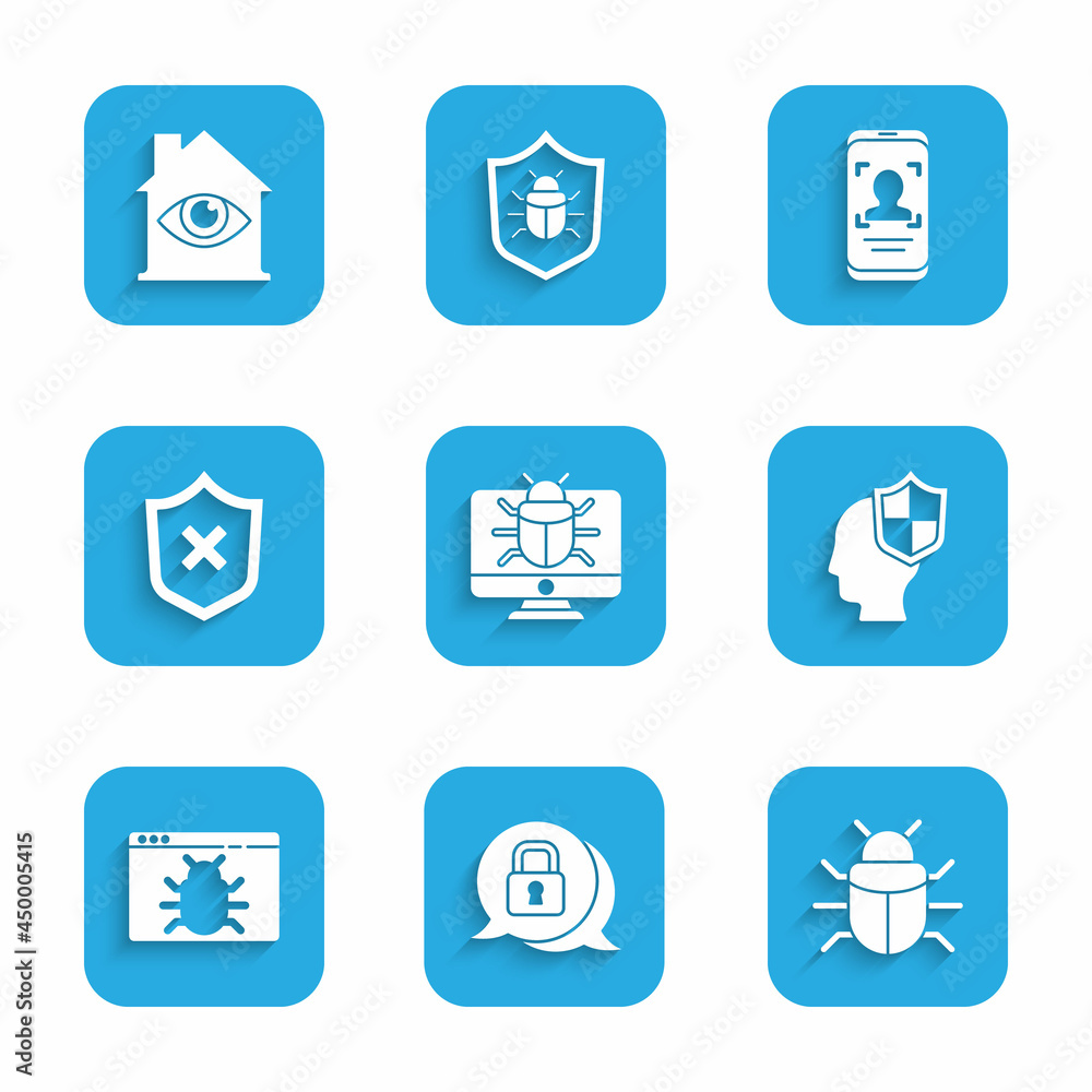 Poster set system bug on monitor, cyber security, head with shield, shield cross mark, mobile and face reco
