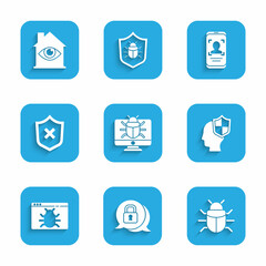 Set System bug on monitor, Cyber security, Head with shield, Shield cross mark, Mobile and face recognition and House eye scan icon. Vector