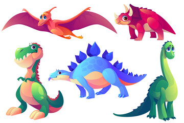 Set of cartoon dinosaurs prehistoric animals.