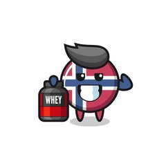 the muscular norway flag badge character is holding a protein supplement
