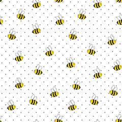 Seamless pattern with bees on white polka dots background. Small wasp. Vector illustration. Adorable cartoon character. Template design for invitation, cards, textile, fabric. Doodle style