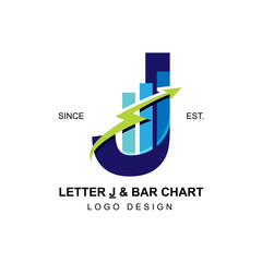 Modern and professional business logo initial letter J with swoosh thunderbolt arrow combining with bar chart