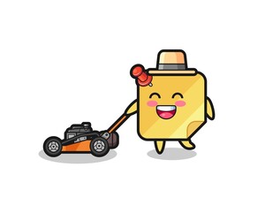 illustration of the sticky notes character using lawn mower